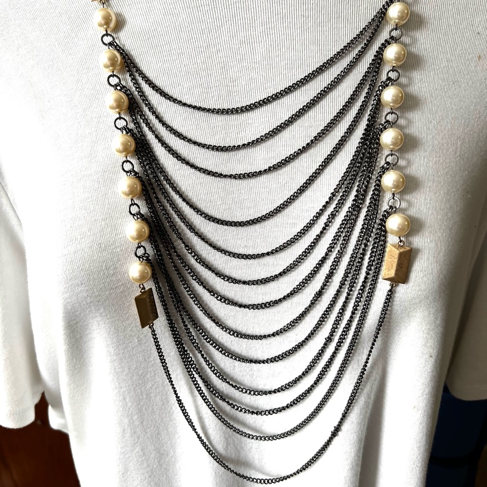 Silver tone waterfall of chains cascading necklace “G” by Giuliana Ransic